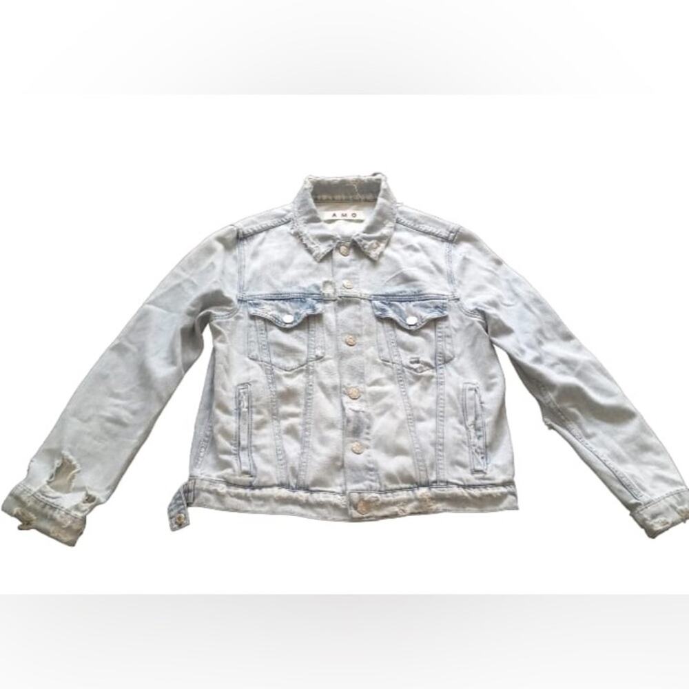 Amo Womens Button Front Collared Fringe Jean Jacket Plue Size Small